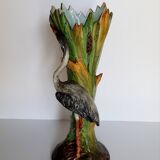 Art Nouveau majolica heron and iris vase