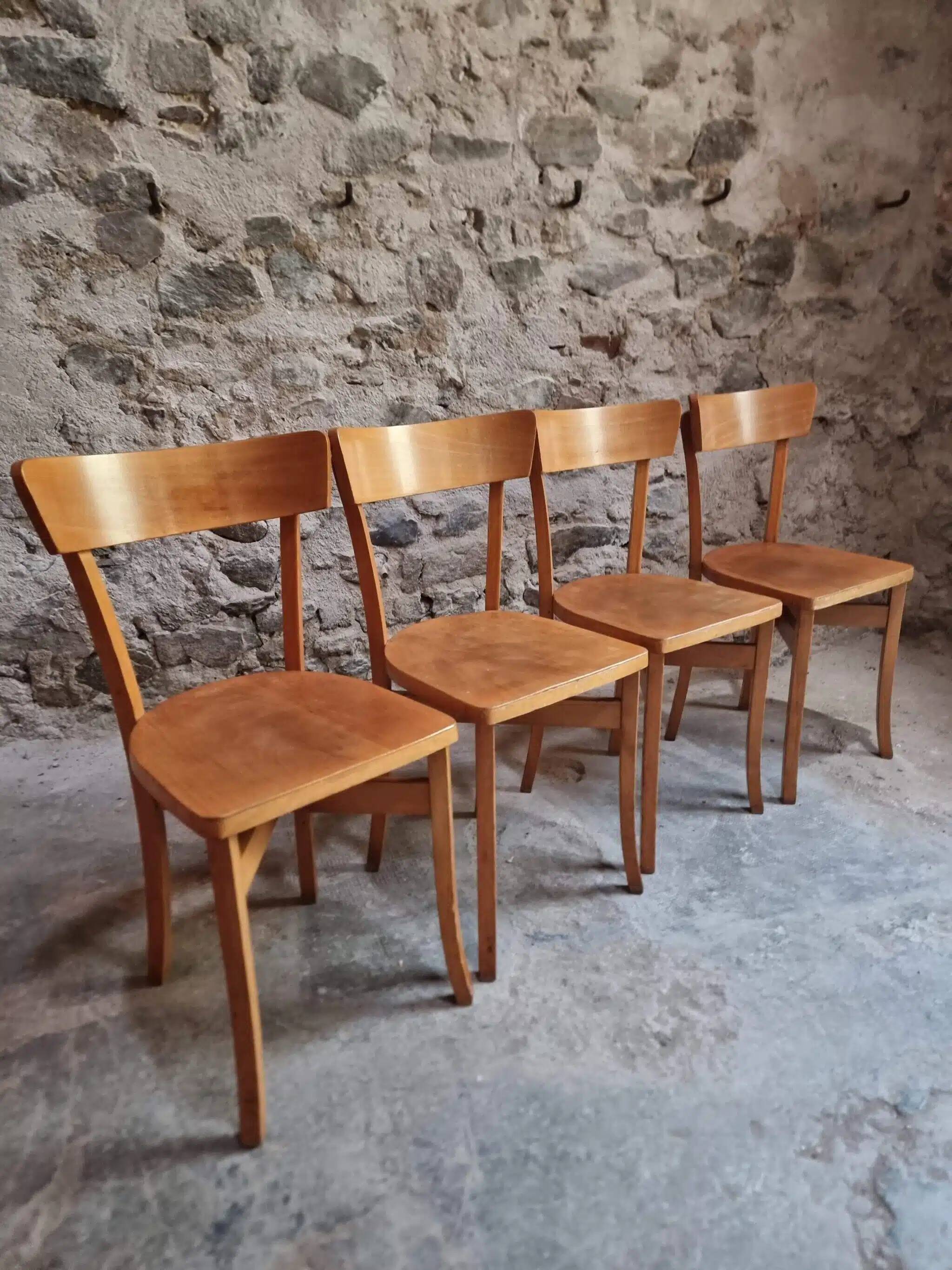 Set of 4 French bistro chairs, beech and plywood, 1960s, mid-century dining chairs.