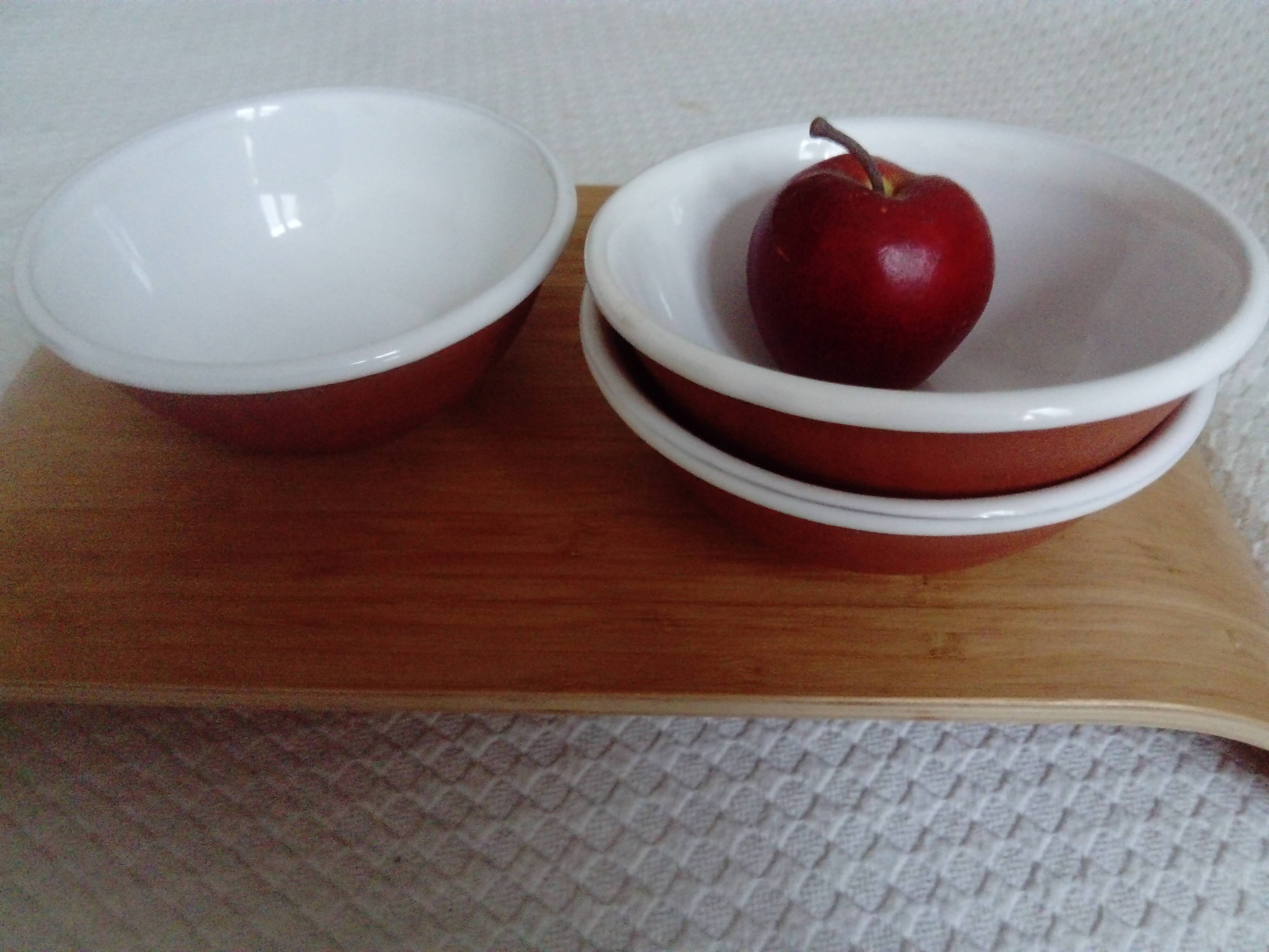 set of 3 terracotta cups or bowls with white enamel interior