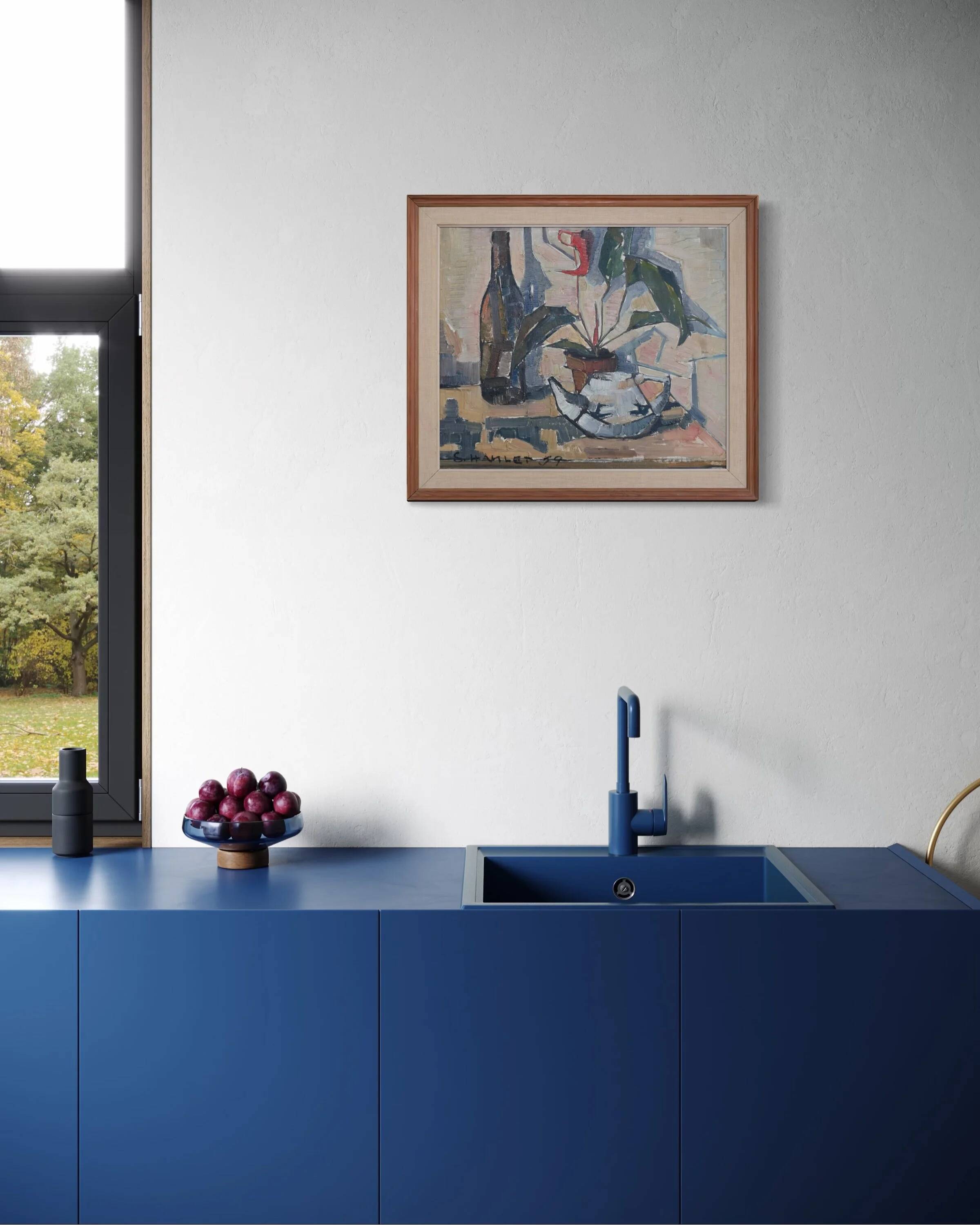 Sven-Olof Hamlet nature morte peinture à l'huile avec plante | 1959