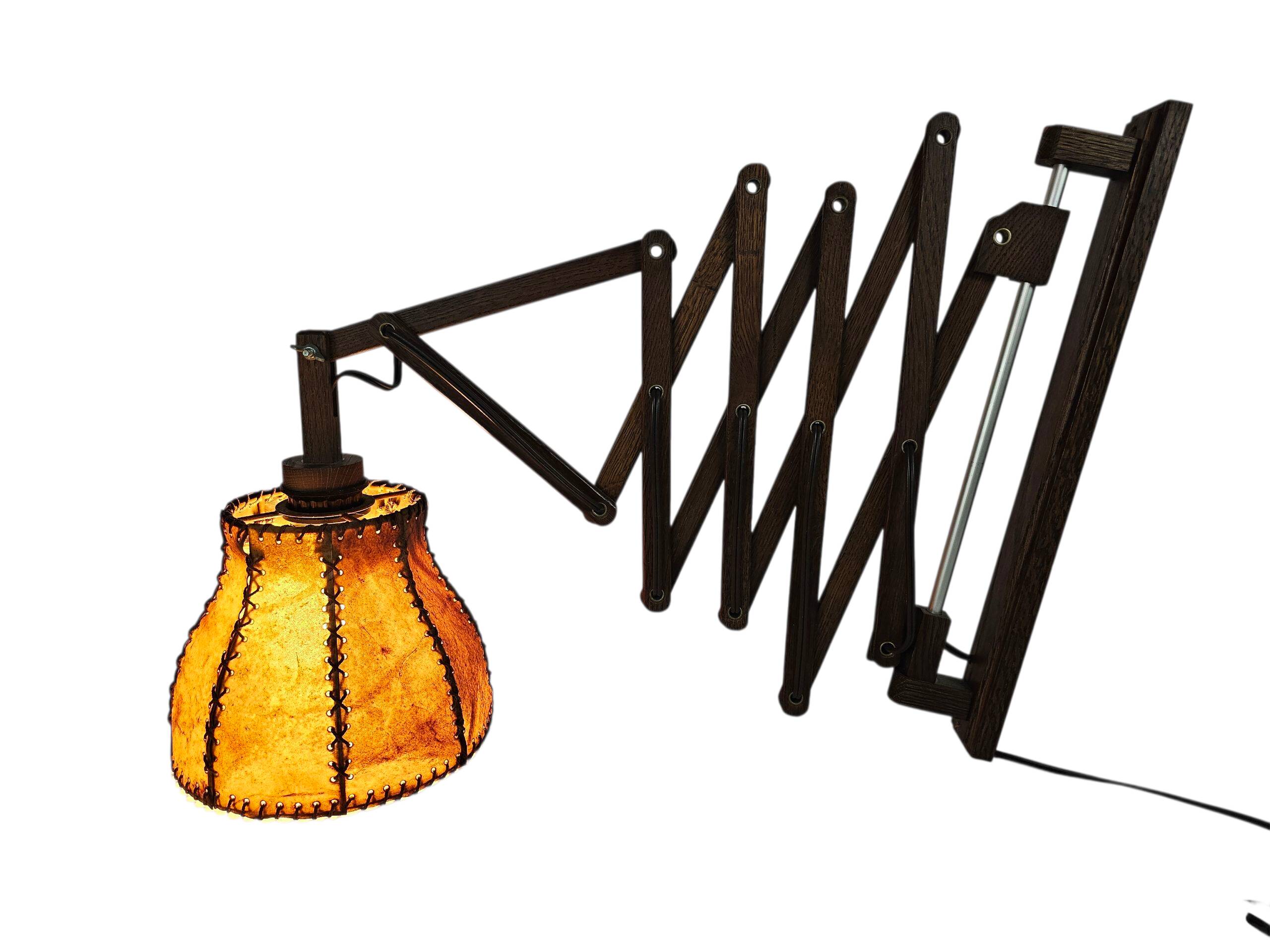 Scissor lamp | Harmonica lamp | wall lamp | vintage | oak | pig's bladder |