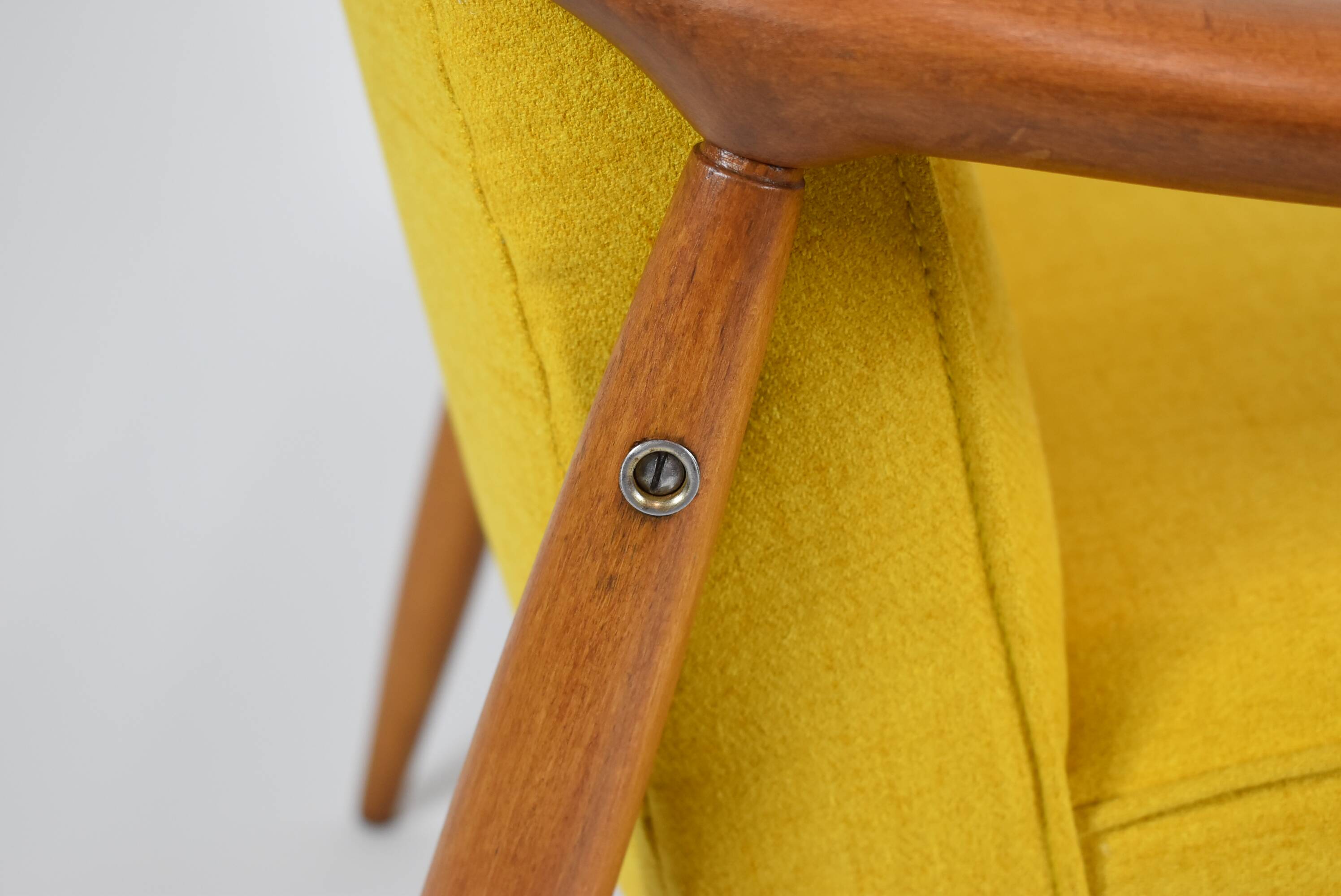 Vintage original armchair , 1960s, fully restored, yellow fabric, teak