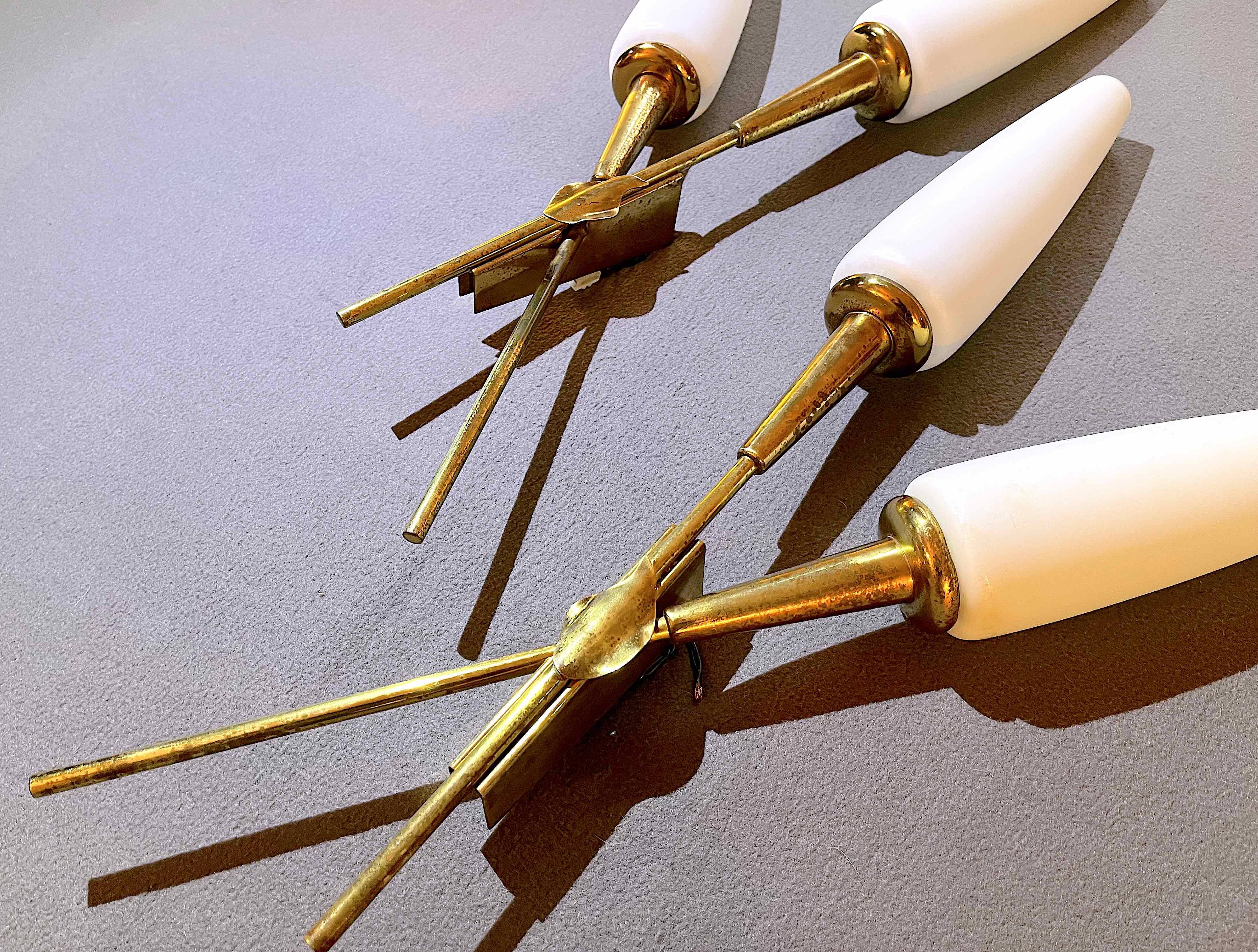 Pair of double crossed brass and opaline sconces, Maison Arlus, France, Mid-Century