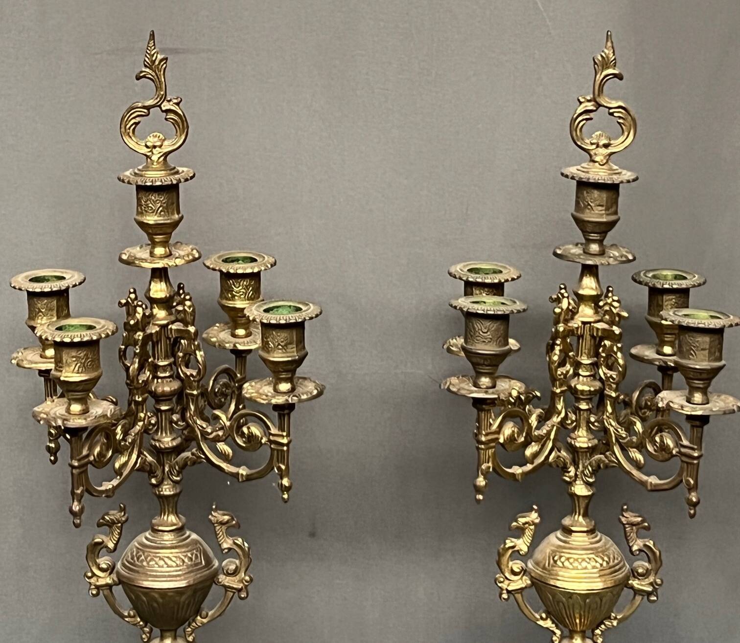 Pair of Renaissance style candlesticks. Solid bronze.
