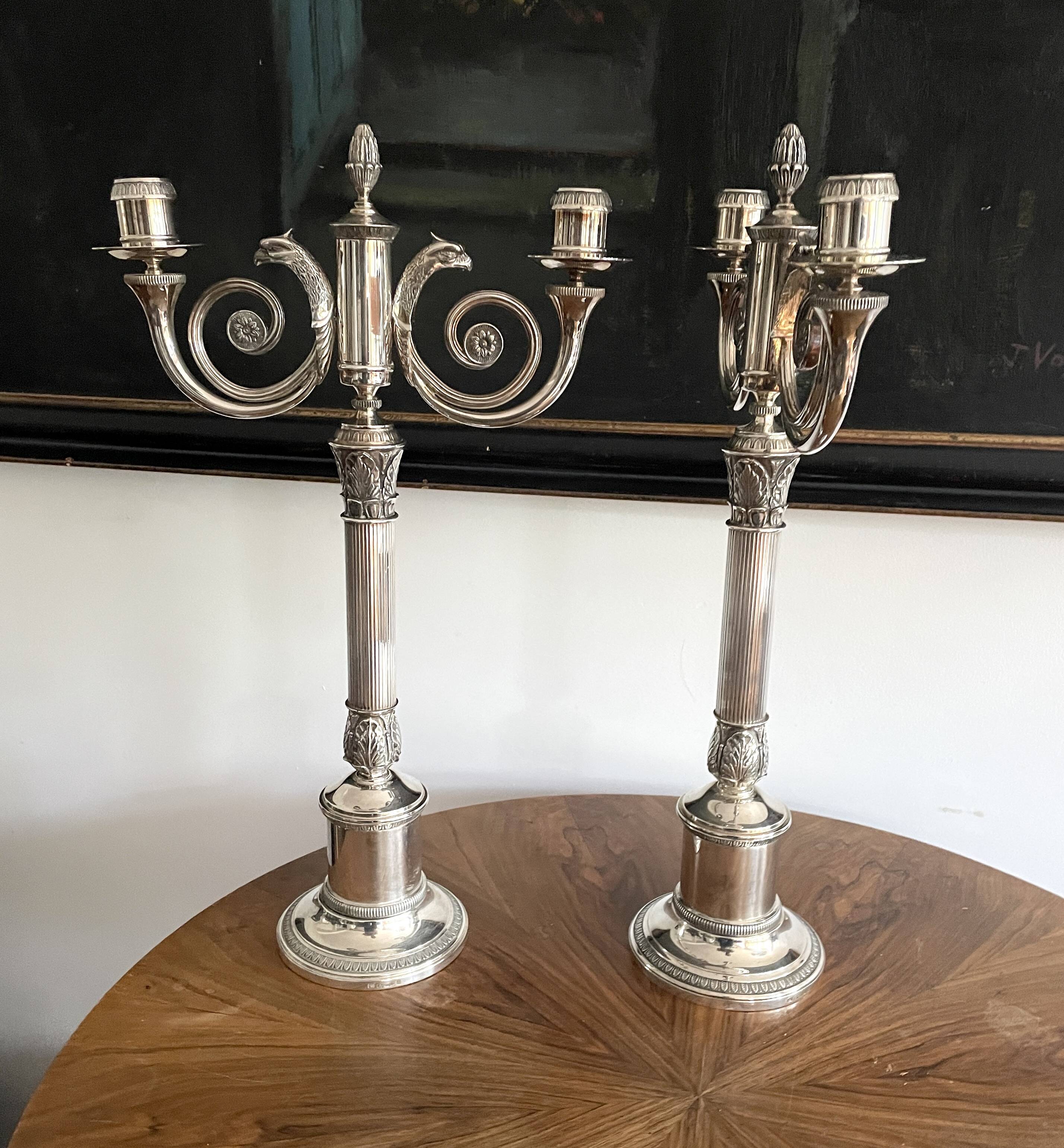 Christofle. Pair of candlesticks, Candelabras, Candlesticks in silver metal. Malmaison model. (New)
