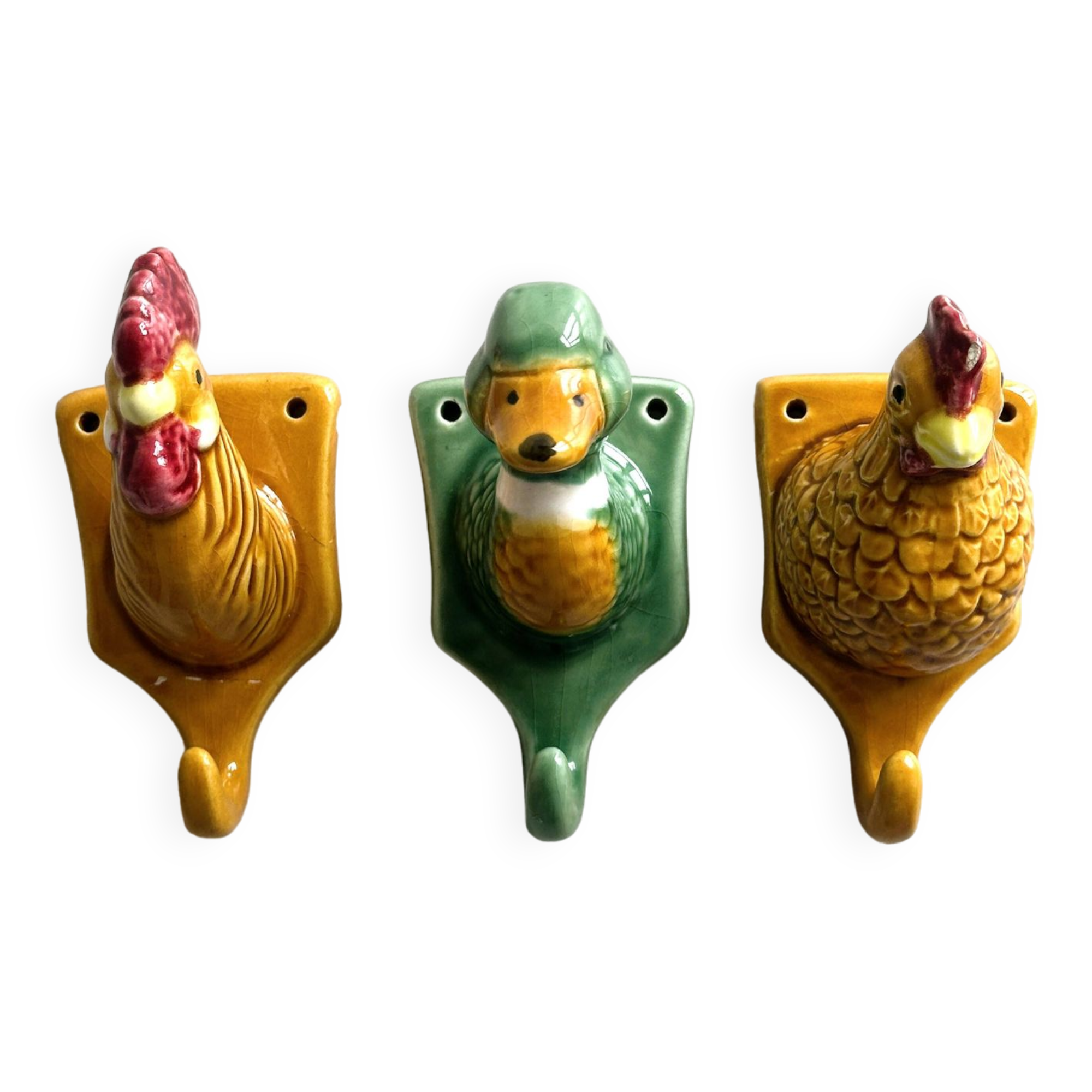 Ceramic slip kitchen towel hooks: Rooster, Hen, Duck.