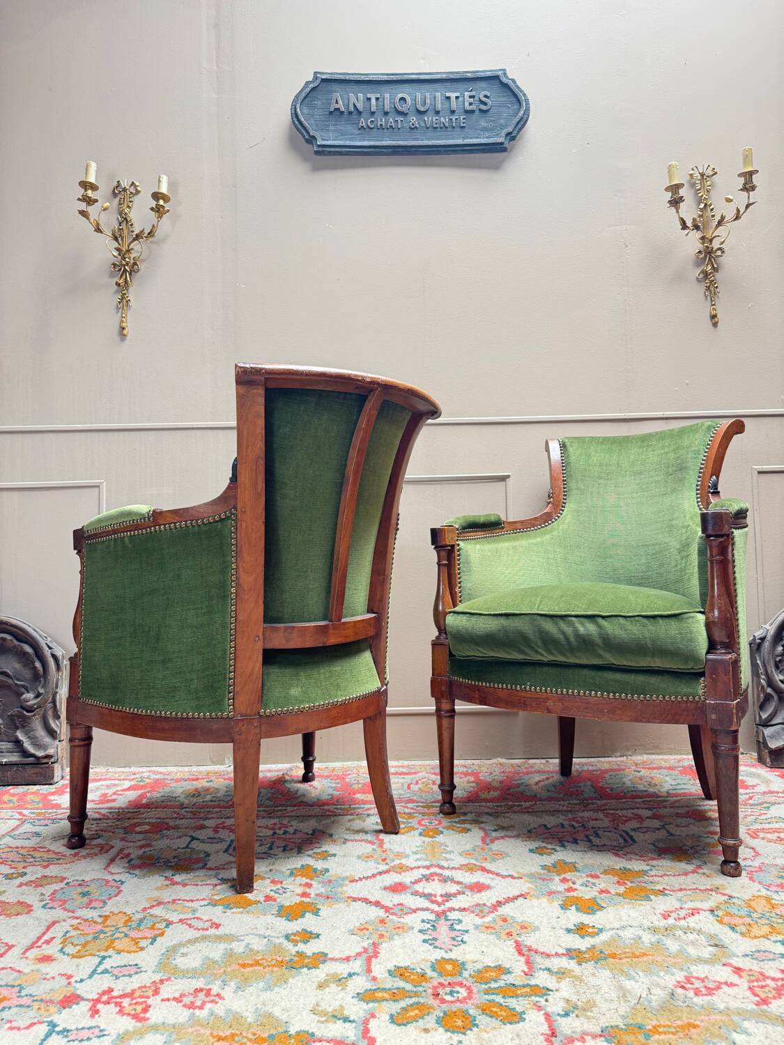 Pair of mahogany cabriolet bergère armchairs from the 18th-century Directoire period.
