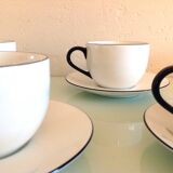 Set of eight white porcelain cups with blue edging / vintage 70s-80s