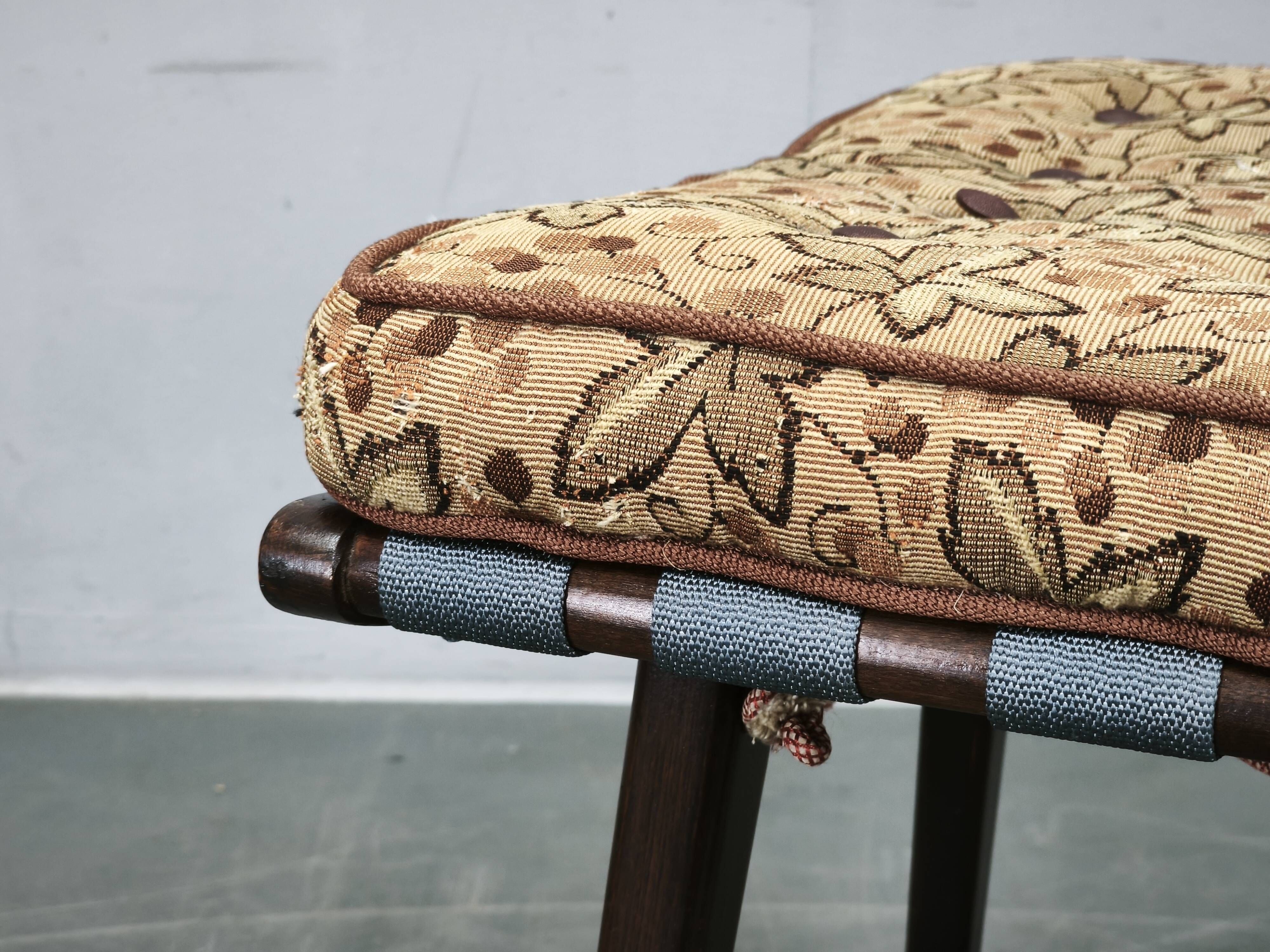TON Mid-Century Beech Stool with Original Cushion, Czechoslovakia, circa 19