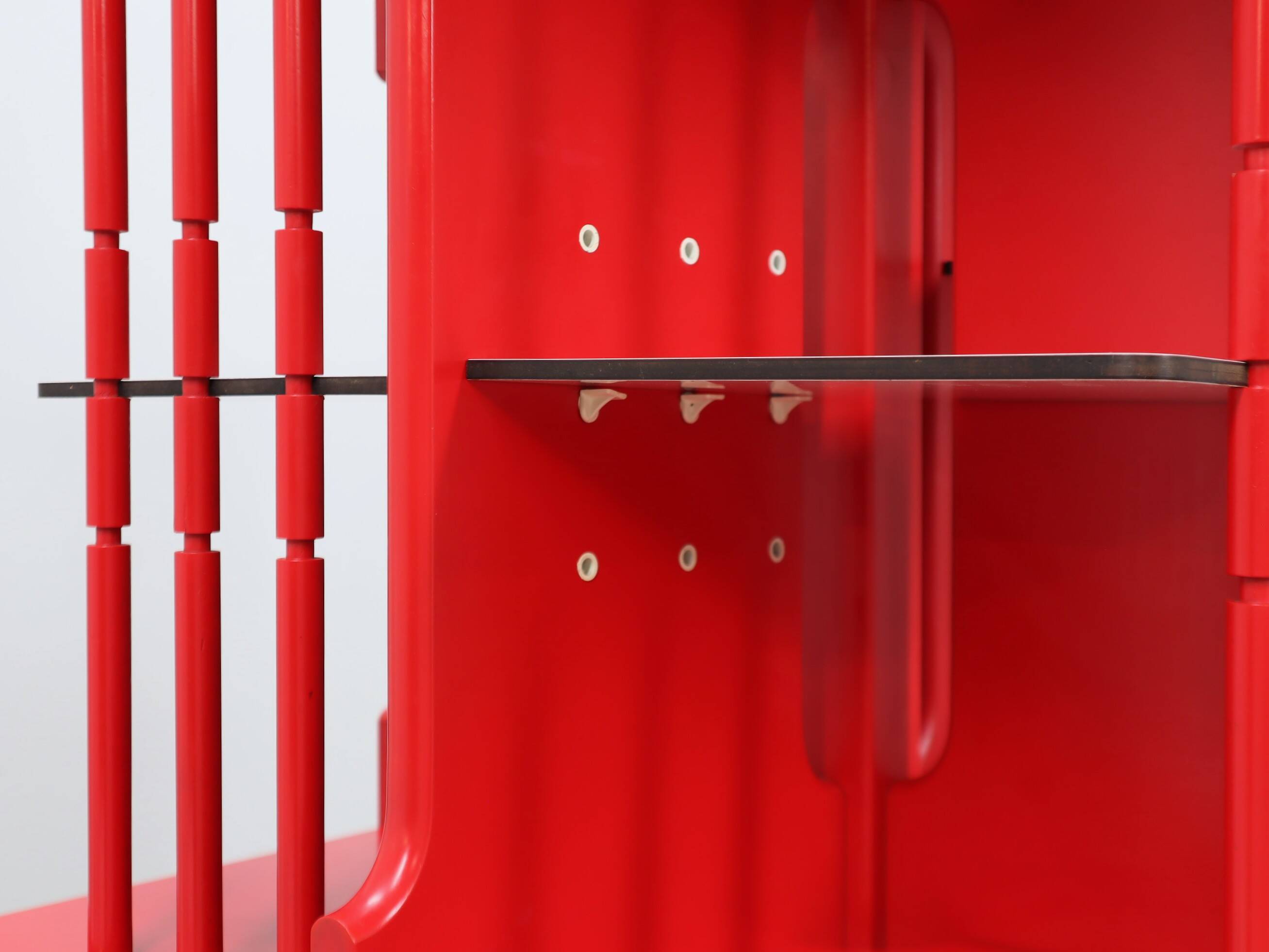 Modular Italian red lacquered solid wood bookshelf, 1960s