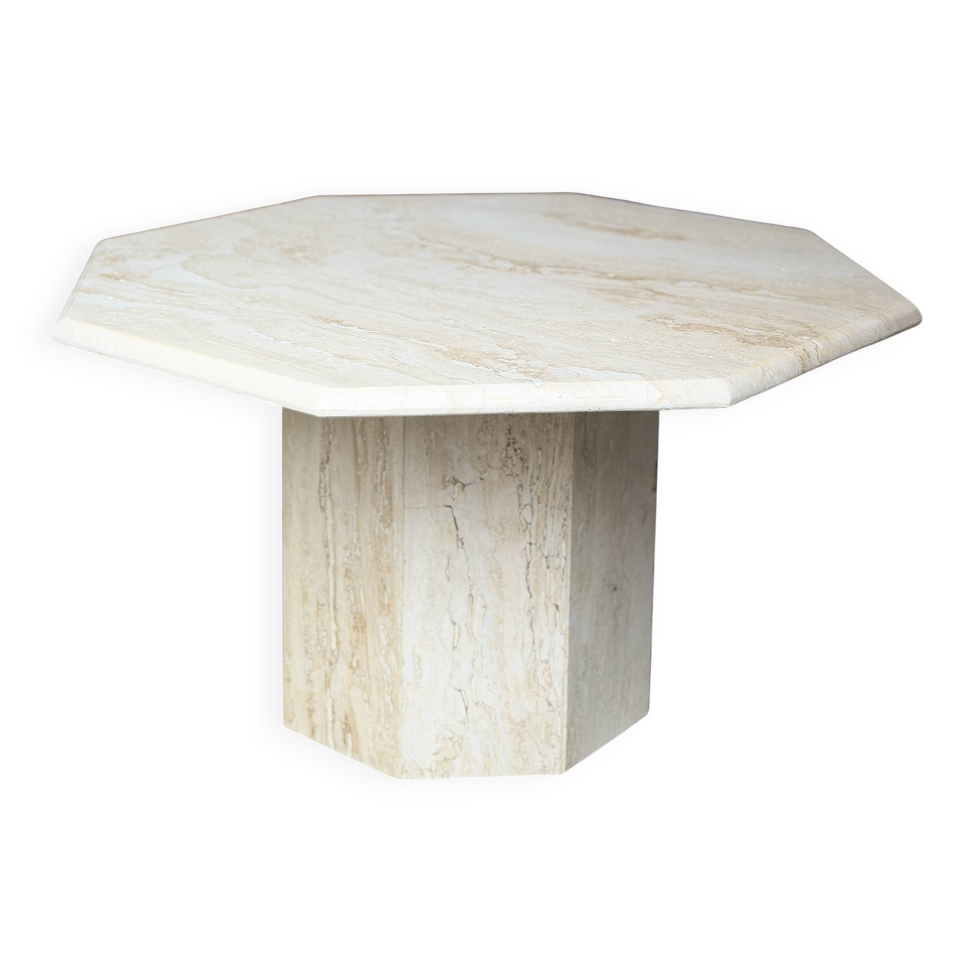 Postmodern octagonal coffee table in Italian travertine, 1970.