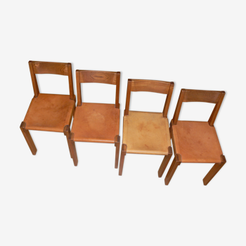 Set of 4 Chapo S24 chairs in solid wood elm and leather