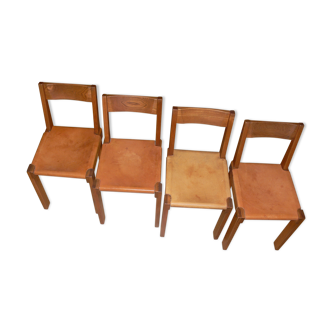 Set of 4 Chapo S24 chairs in solid wood elm and leather