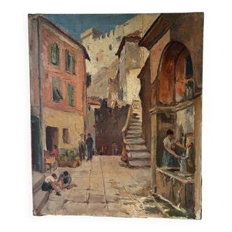 Street scene in front of a castle, oil on canvas.