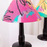 Pair of Memphis Pop Art Table Lamps, Multicolored Fabric Shades, Black Lacquered Bases - Belgian Massive, 1980s
