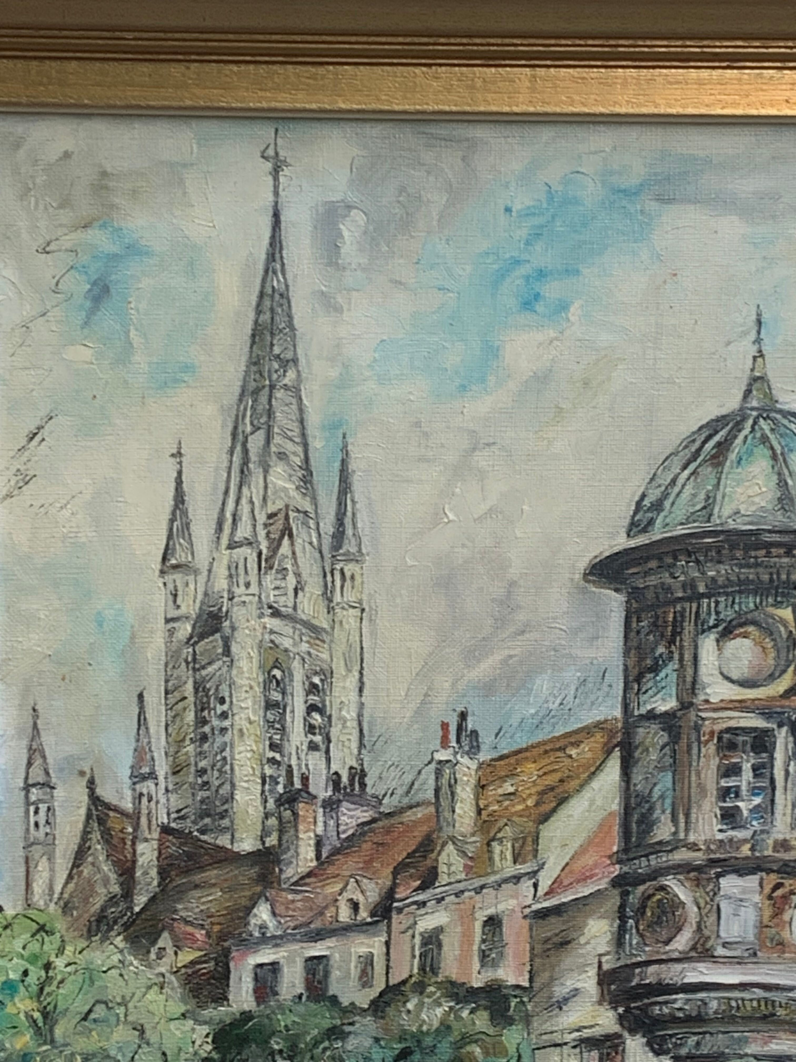 Painting signed J.Trillaut city scene framed vintage canvas 1969