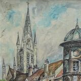 Painting signed J.Trillaut city scene framed vintage canvas 1969