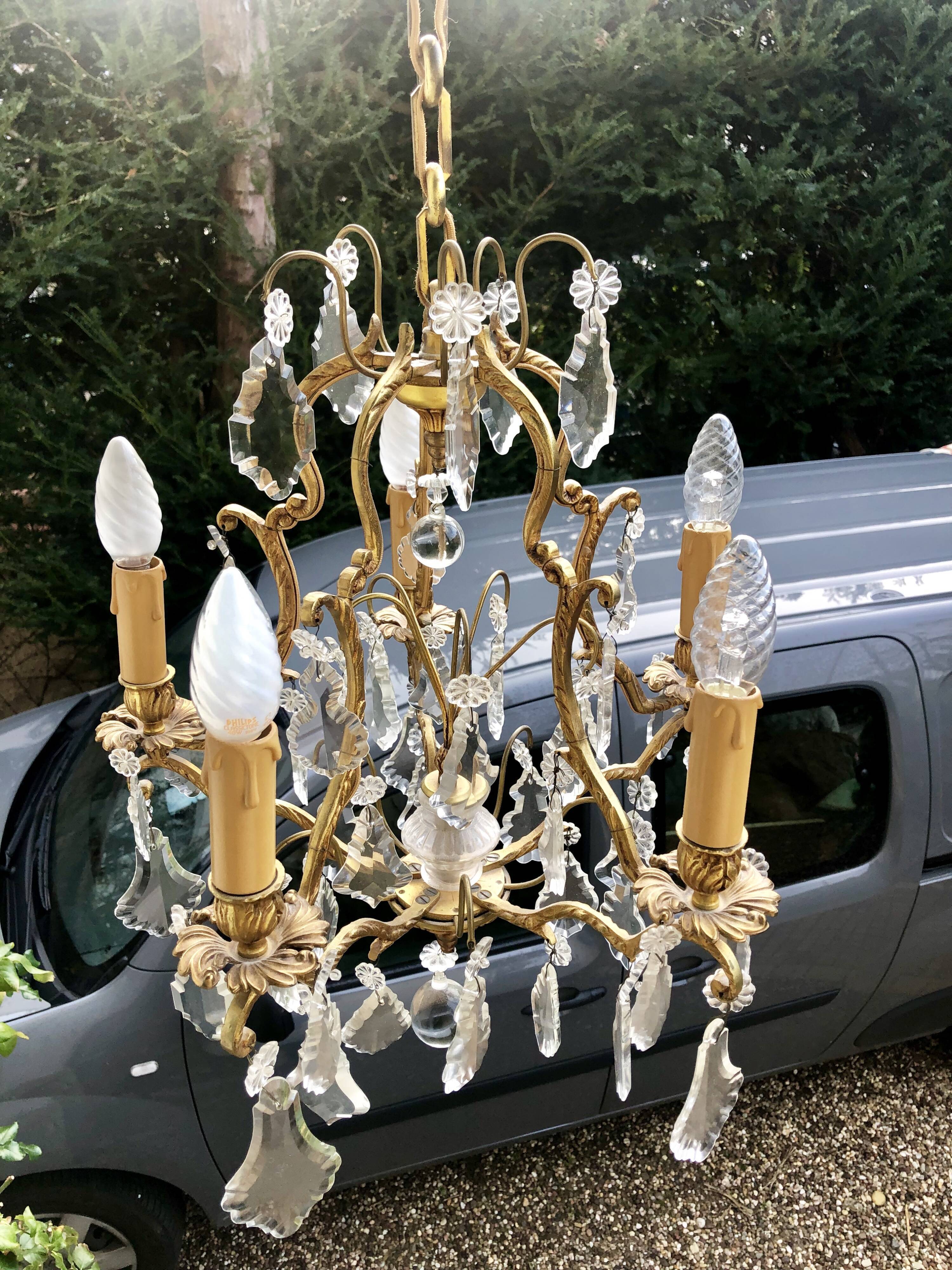 Lustre cage en bronze, 5 bras de lumière