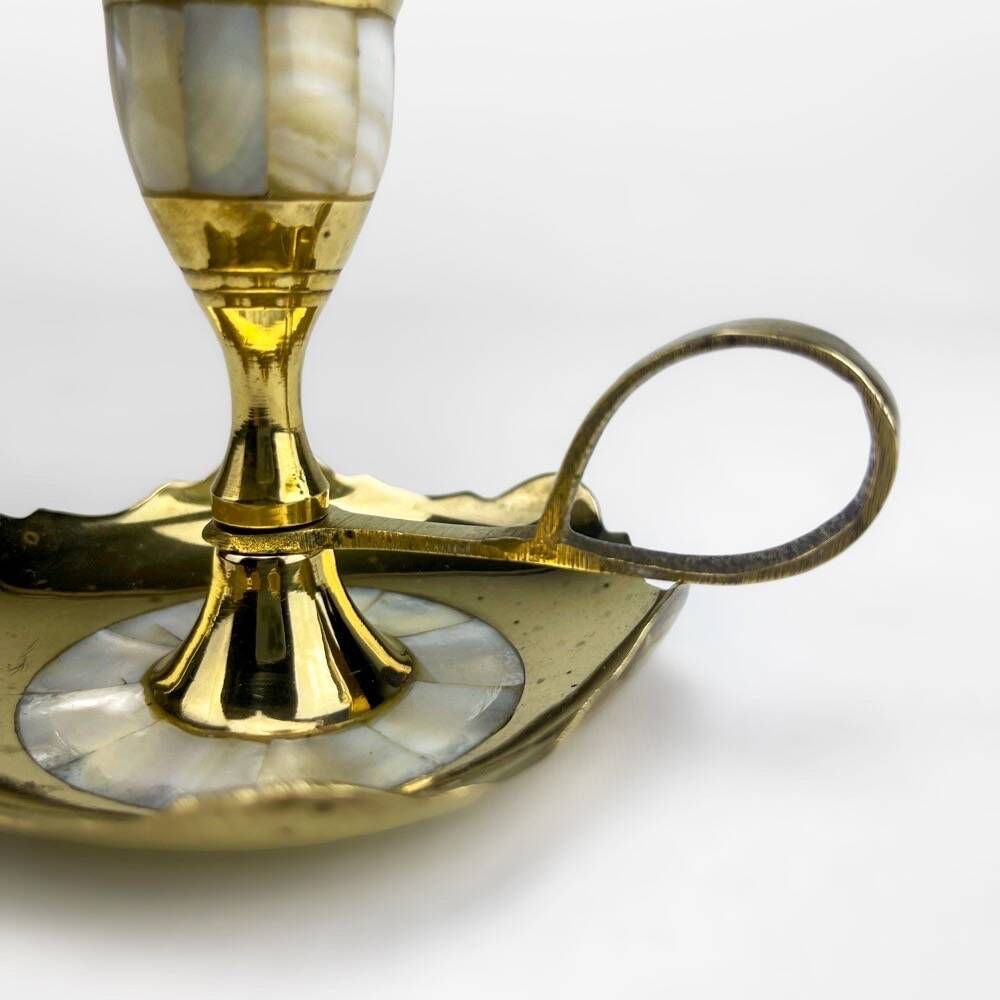 Duo of vintage brass and mother-of-pearl cellar rat candlesticks