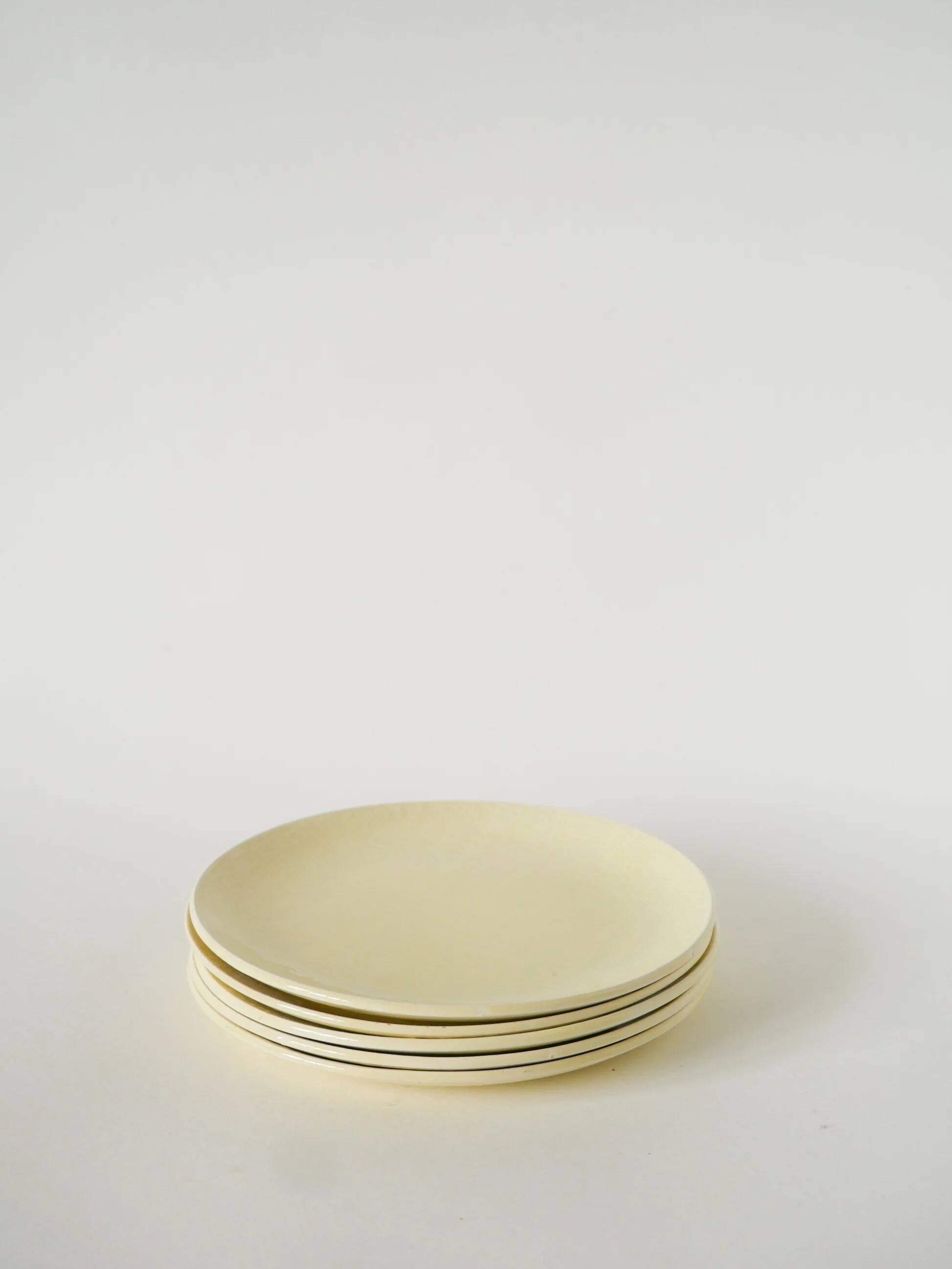 Set of 5 dessert plates, woven effect, butter yellow, Salins, 1950