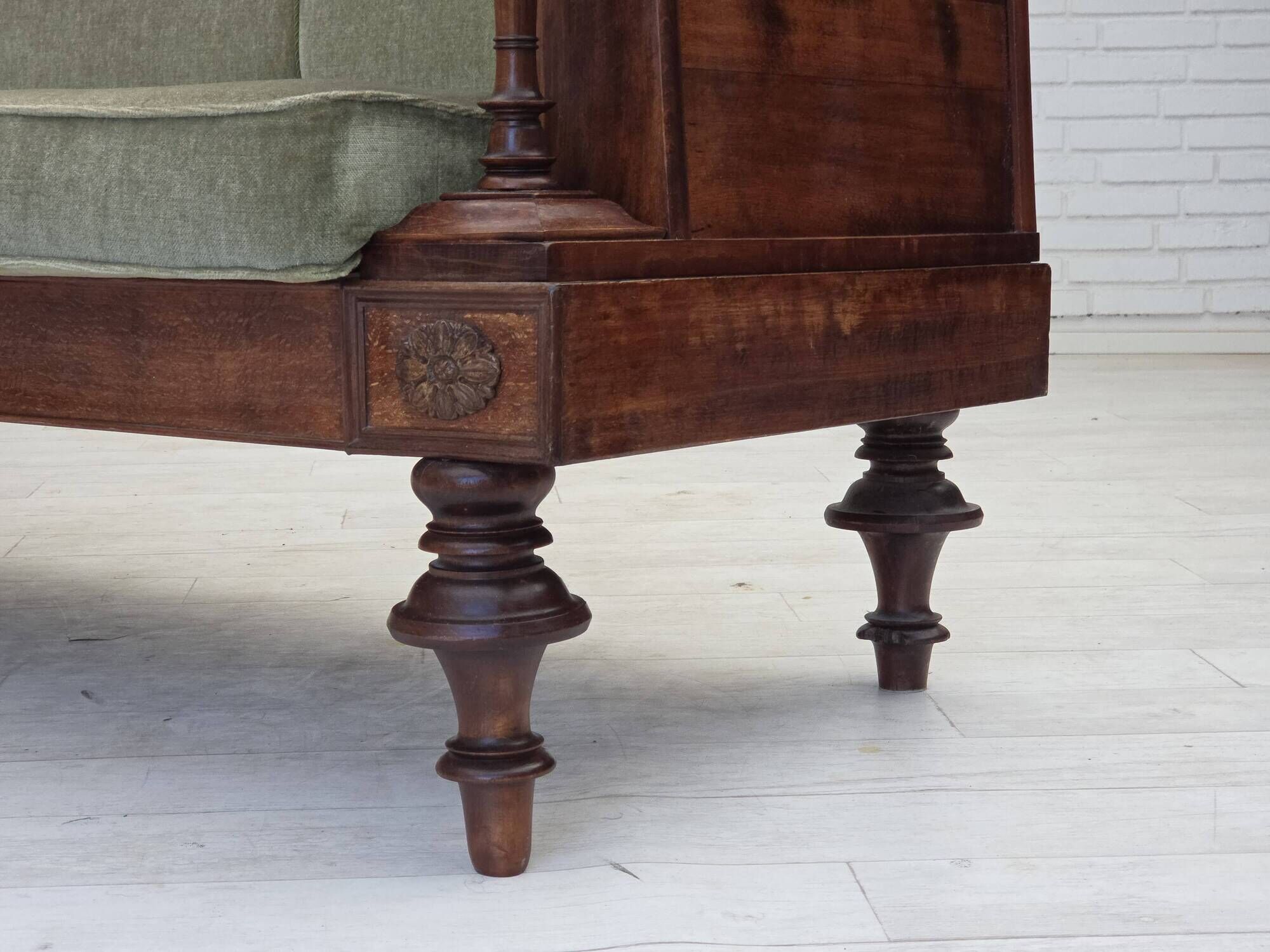 1930s, Danish 3 seater antique sofa, furniture velour, ash wood.