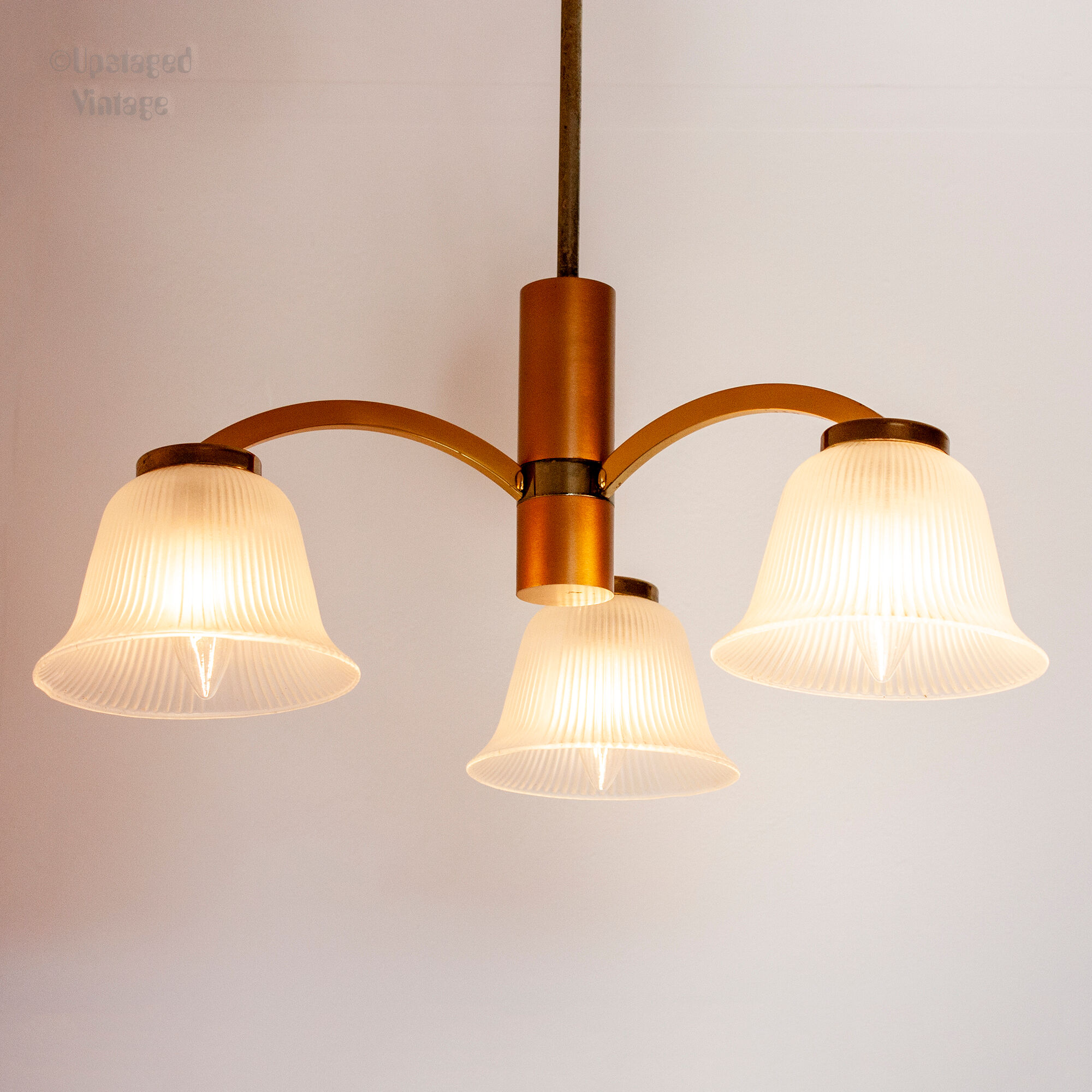 Mid-Century Ceiling Lamp in Brushed Gold with Lampshade in Ribbed Glass G.V. Luminaires
