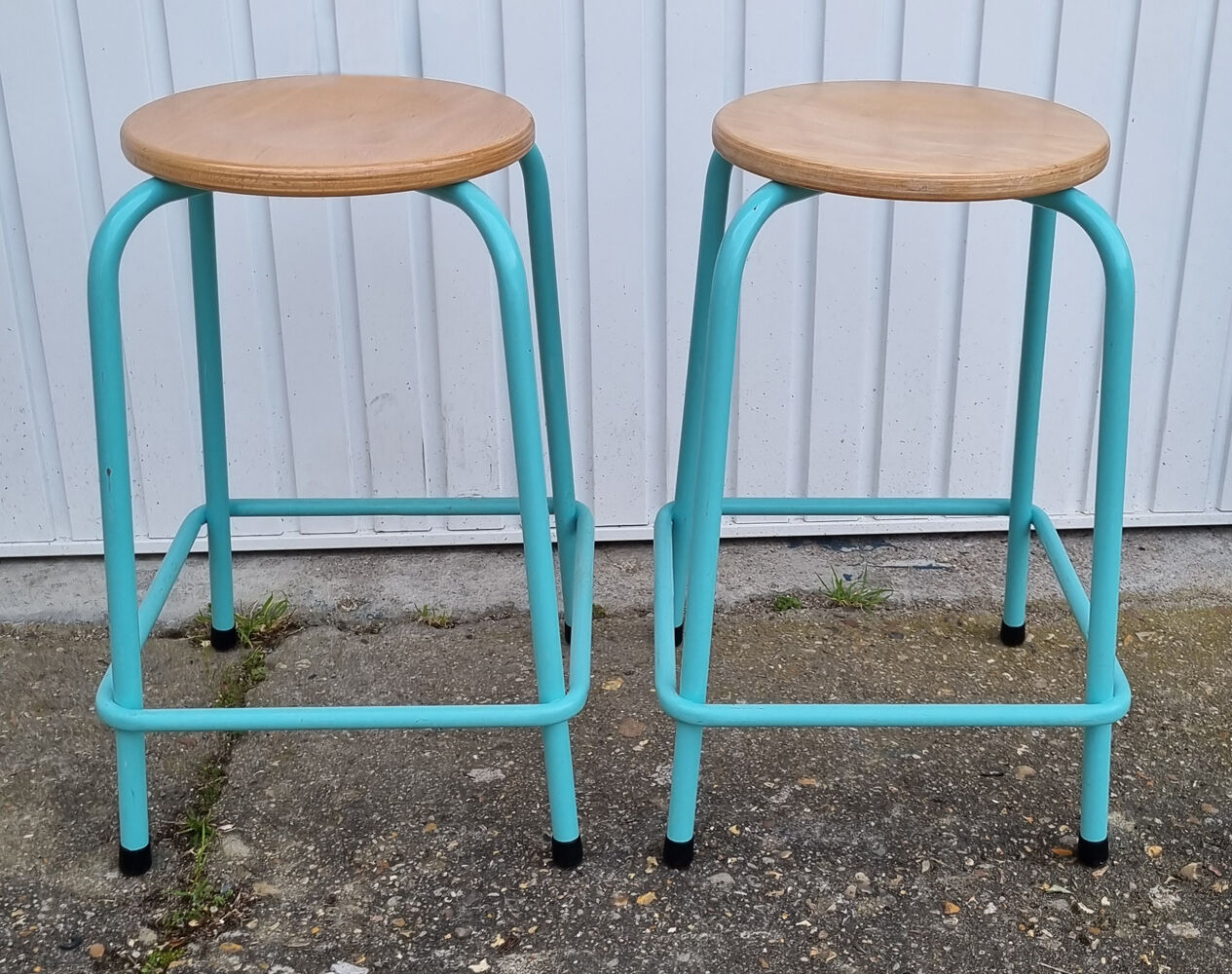 Pair of round stools, industrial, wood and metal, vintage