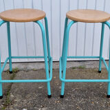 Paire de tabourets ronds, industriels, bois et métal, vintage
