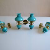 Series of 3 vintage brass and blue opaline wall lamps