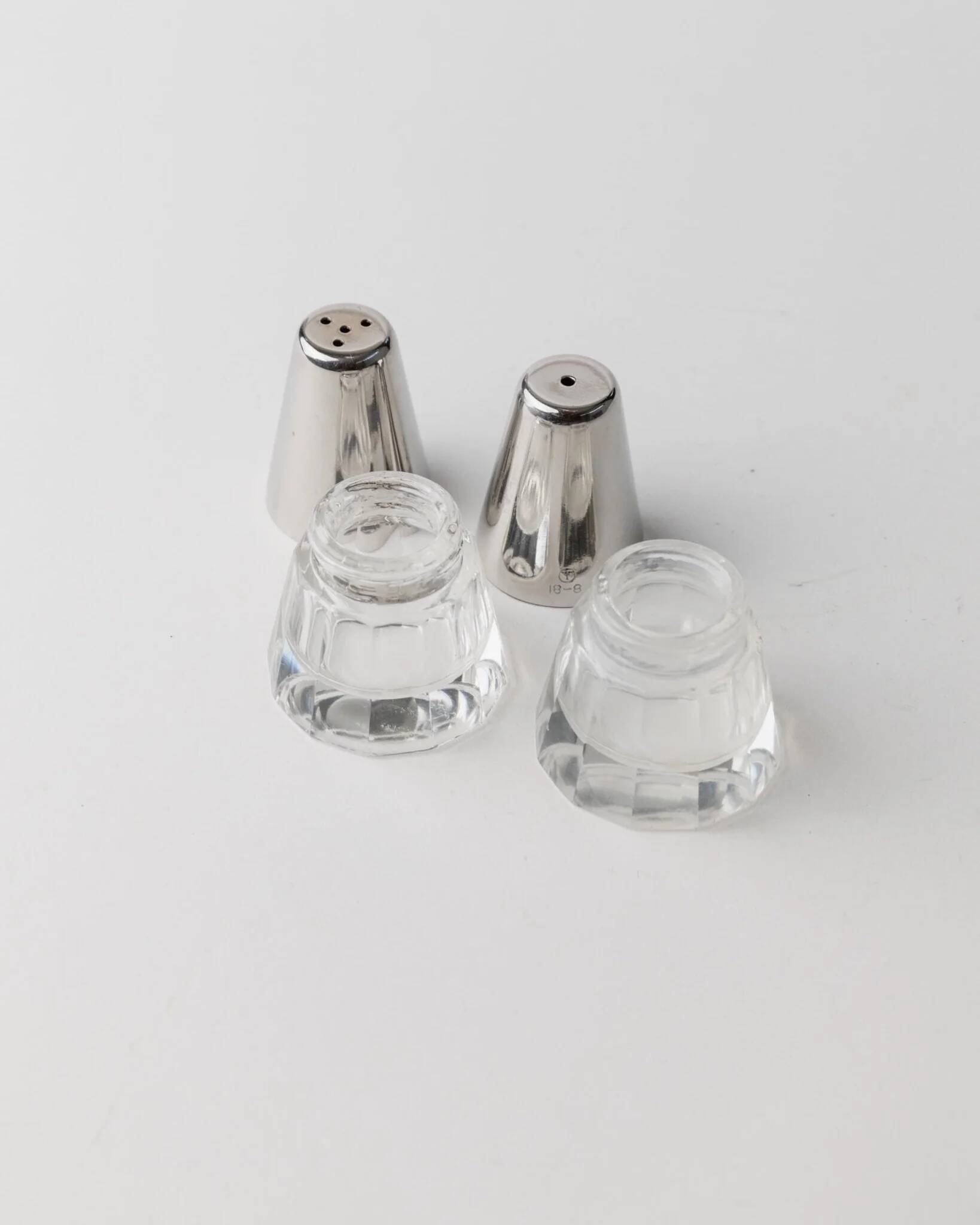 Vintage Argent Salt and Pepper Shakers with Clear Glass and Silver-Plated Caps, Conical Minimal Italian Design, 1950s