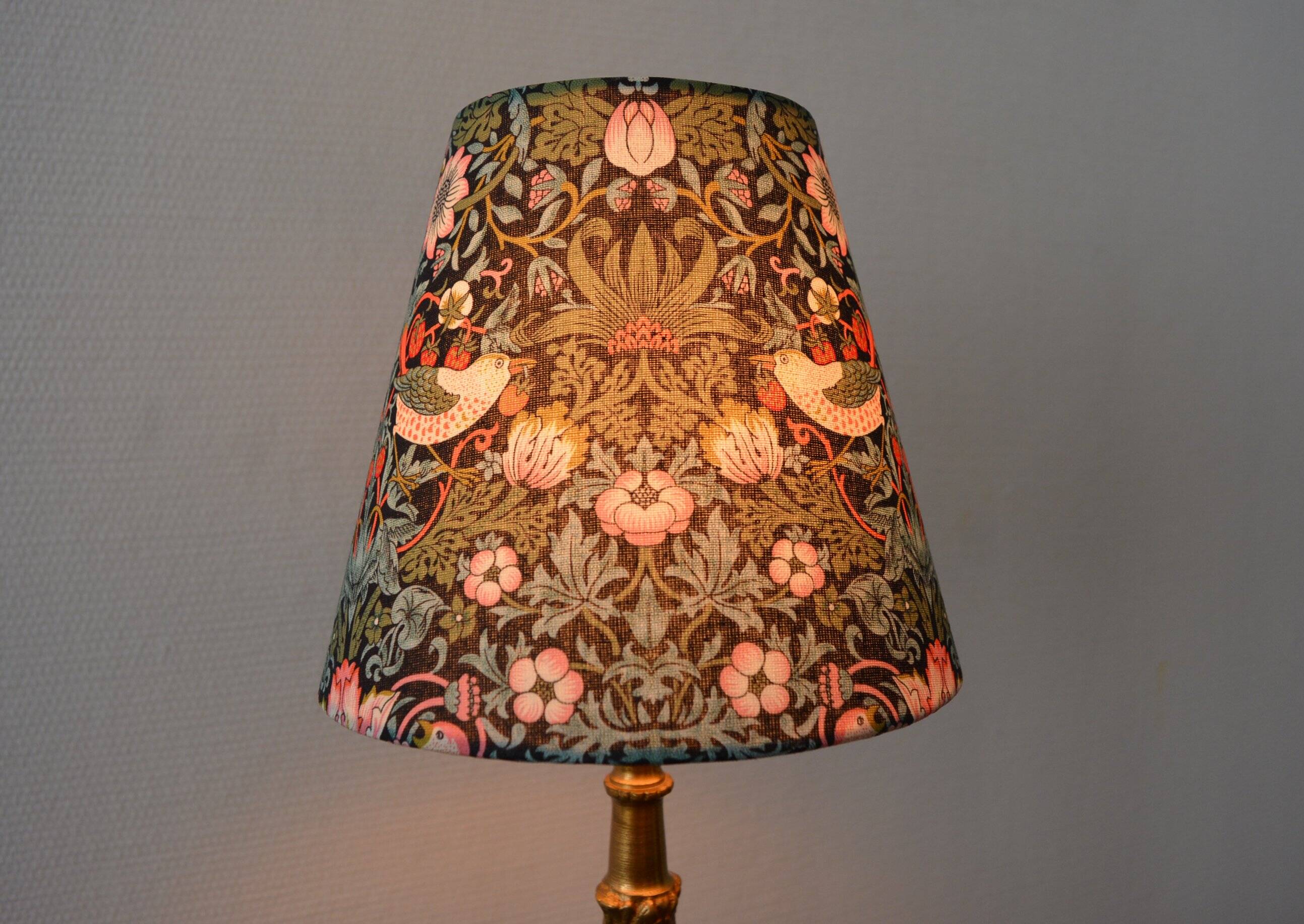 William Morris style lampshade, birds, strawberries, flowers.
