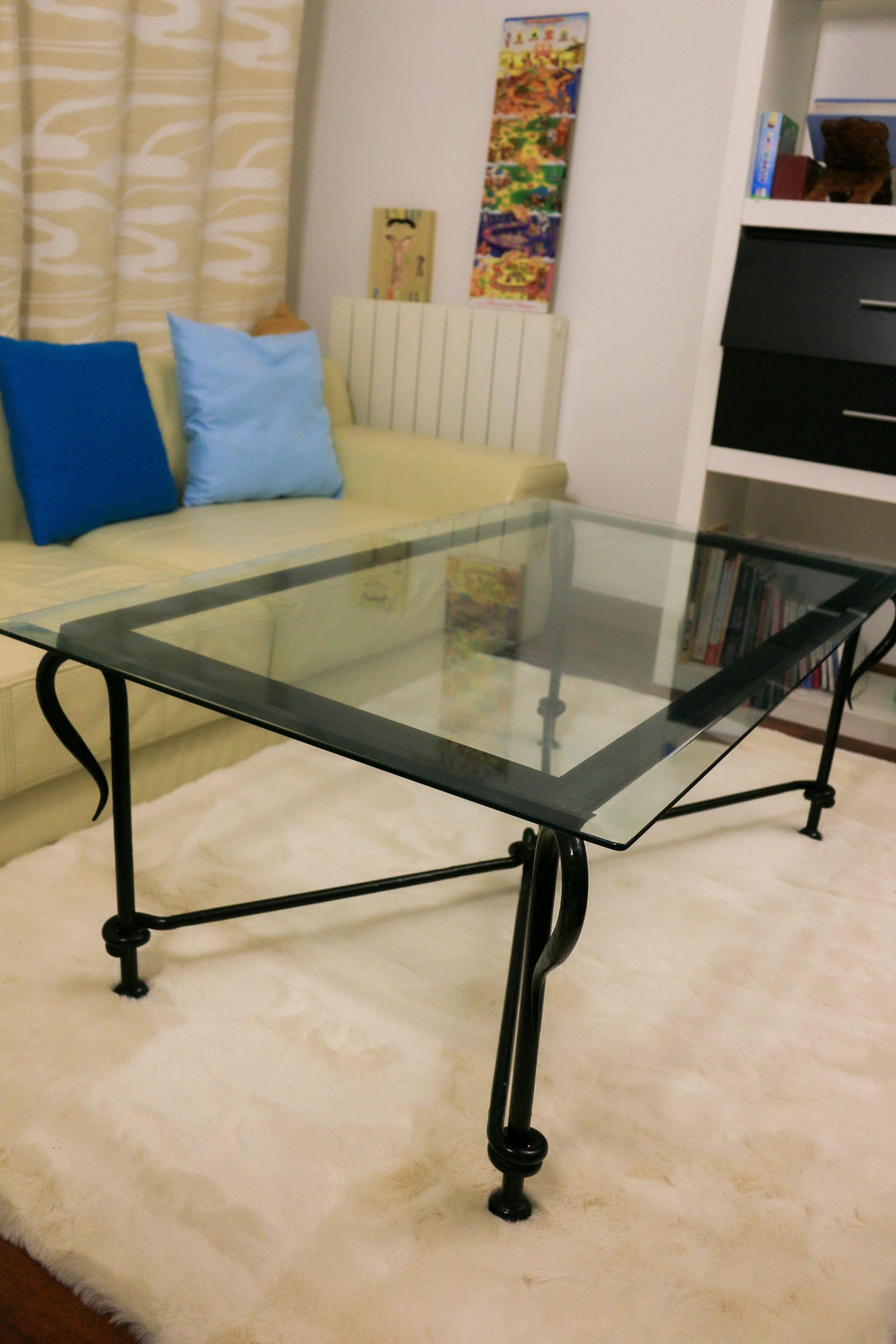 Table basse vintage – verre biseauté & fer forgé – 119×69×44 cm