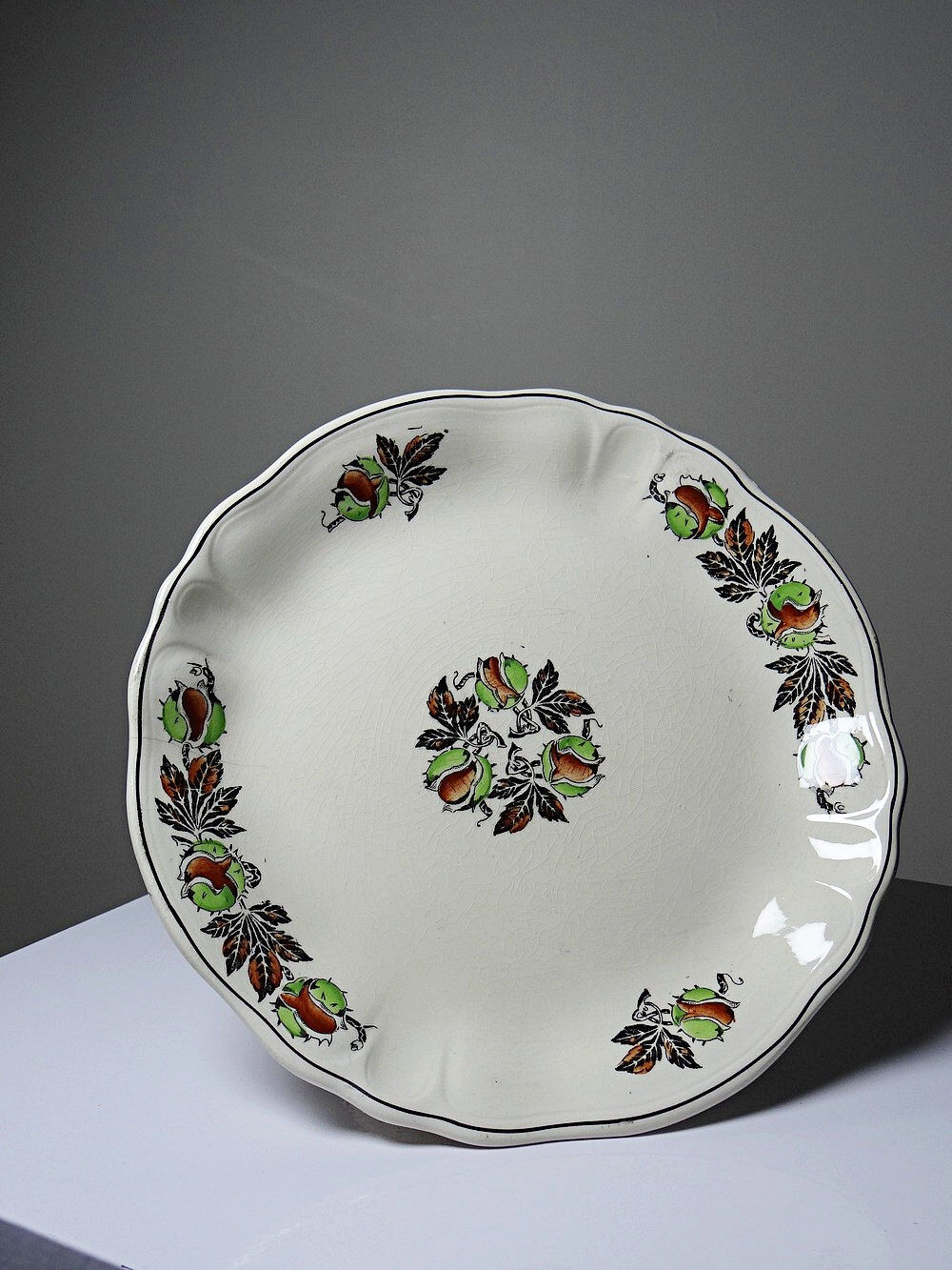 Antique compote dish "Marrons" Longchamp earthenware, polychrome ironstone.