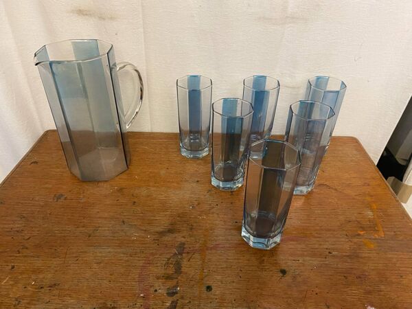 Service A Orangeade OCTIME Octogonal Carafe Verre Moulé + 6 Verres Vin