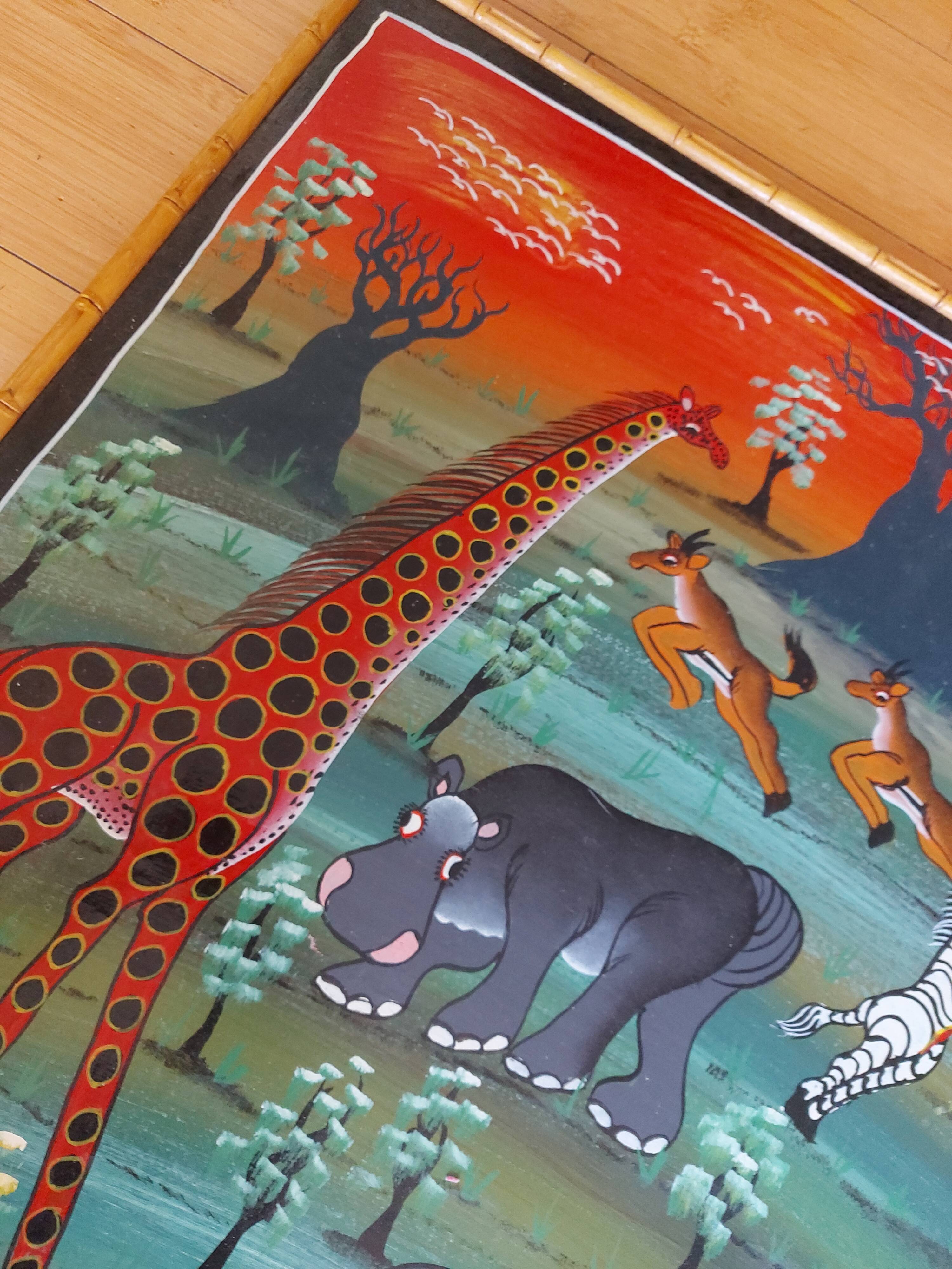 Grande huile sur toile art africain TingaTinga , Zanzibar , Tanzanie , Cheti