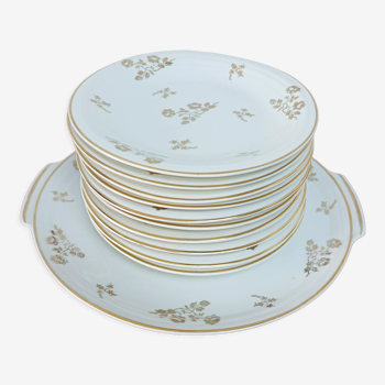 Dessert service, 10 plates and 1 pie dish, in Limoges Porcelain, white and gold