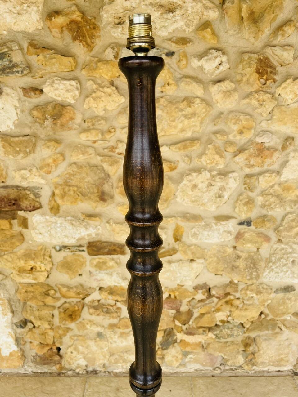 Vintage Floor Lamp Turned Wood, Bamboo Rattan Circa 1950s