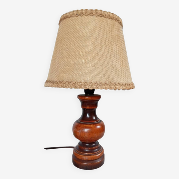 Turned wood table lamp, camel jute lampshade, vintage 1960/70