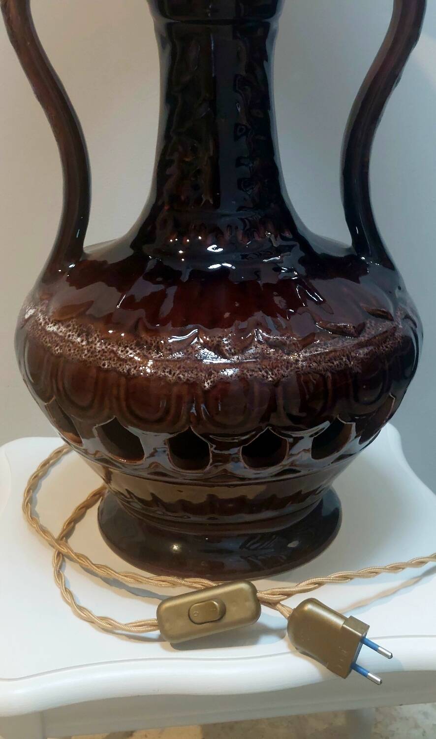 Vintage ceramic lamp, striped cotton shade