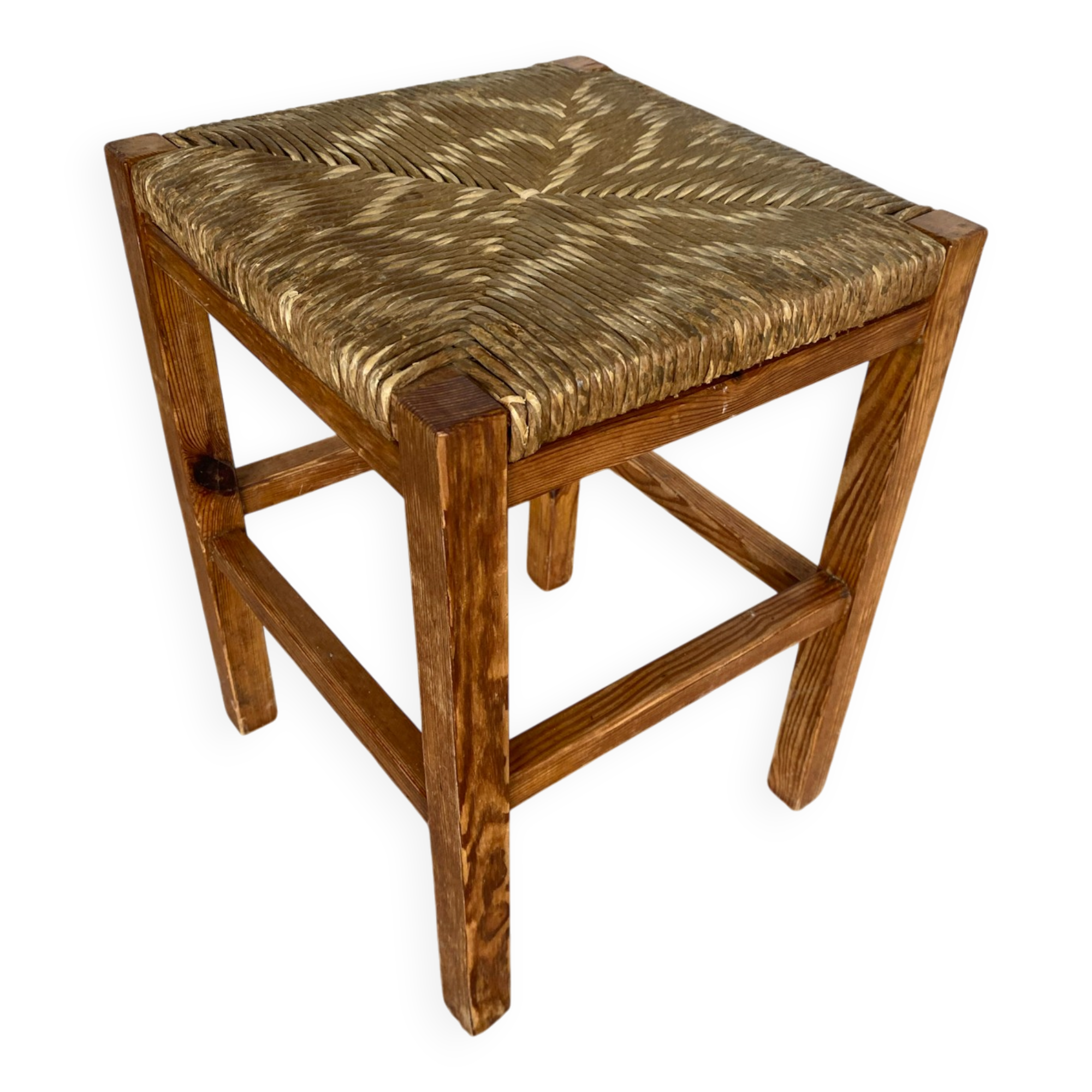 Tabouret ancien en bois sculpté et paille