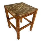 Antique Carved Wood Stool + Vintage Straw Seat #E100