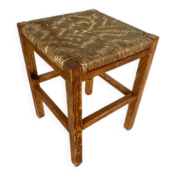 Tabouret ancien en bois sculpté et paille