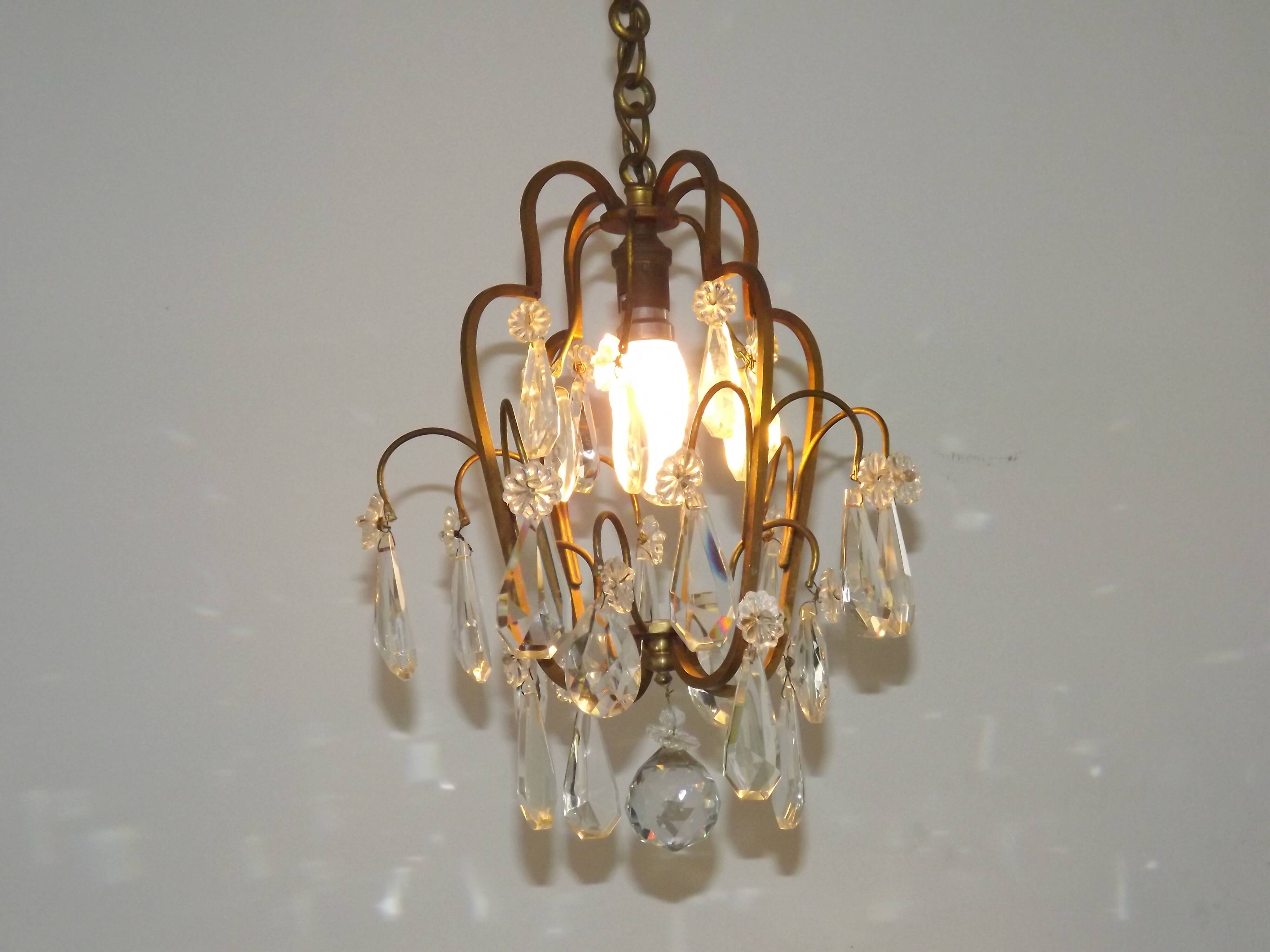 Small French Vintage Brass Single Light 4-Sided Crystal Cage Chandelier