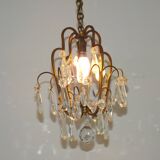 Small French Vintage Brass Single Light 4-Sided Crystal Cage Chandelier