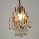 Small French Vintage Brass Single Light 4-Sided Crystal Cage Chandelier
