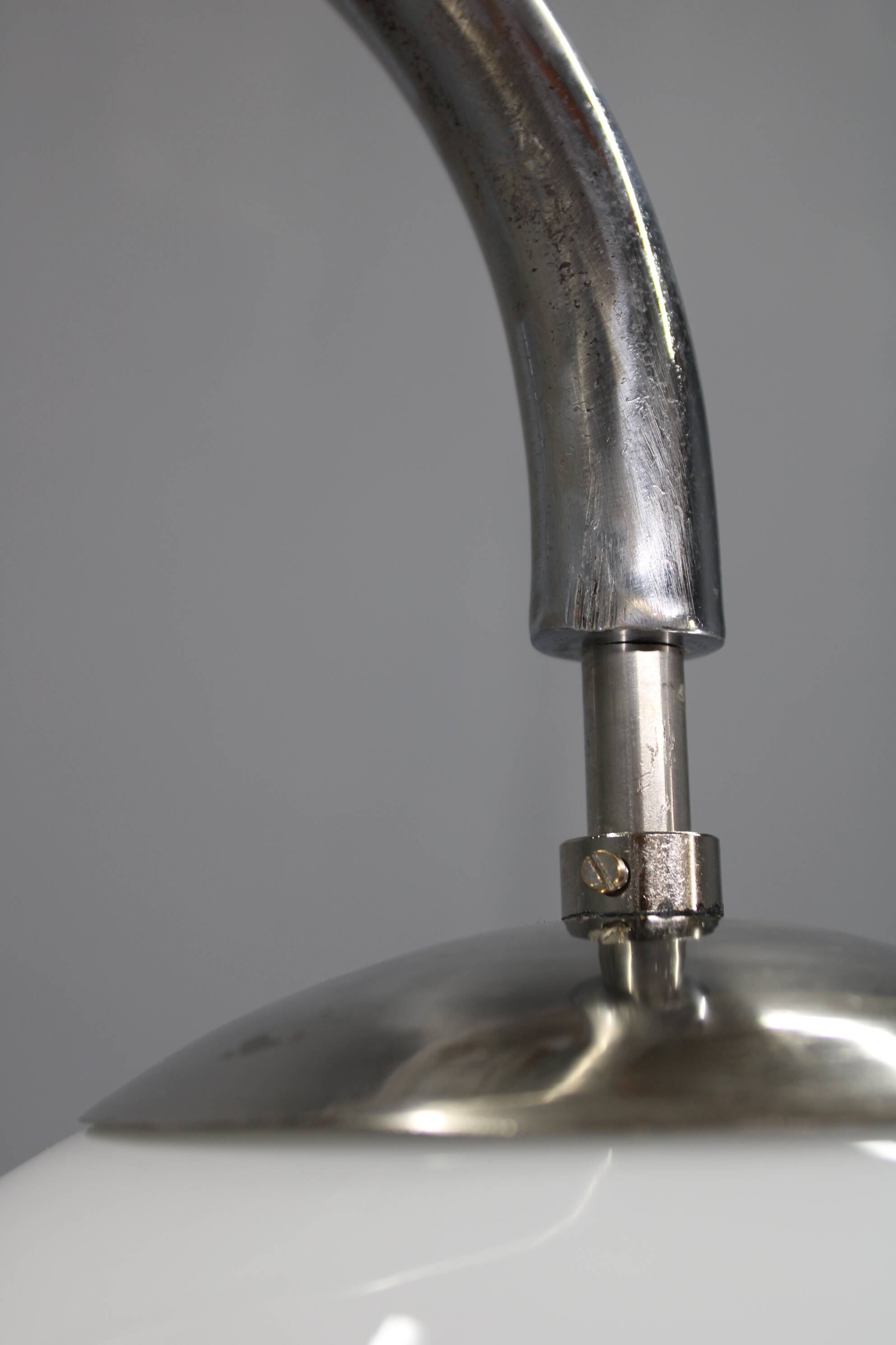 Art Deco chrome floor lamp, milk glass, walnut base, 1930s Czechoslovakia