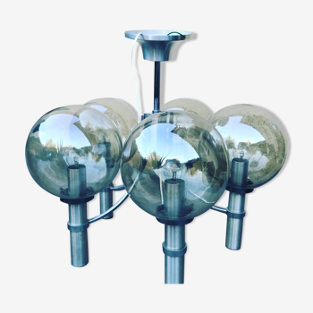 Lustre chromé 5 globes en verre - circa 1970 dans le gout de HANS AGNE JAKOBSSON