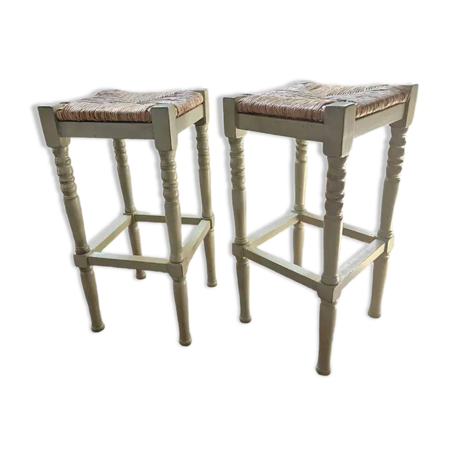 Vintage European Rustic Painted Straw Bar Stools - Set of 2