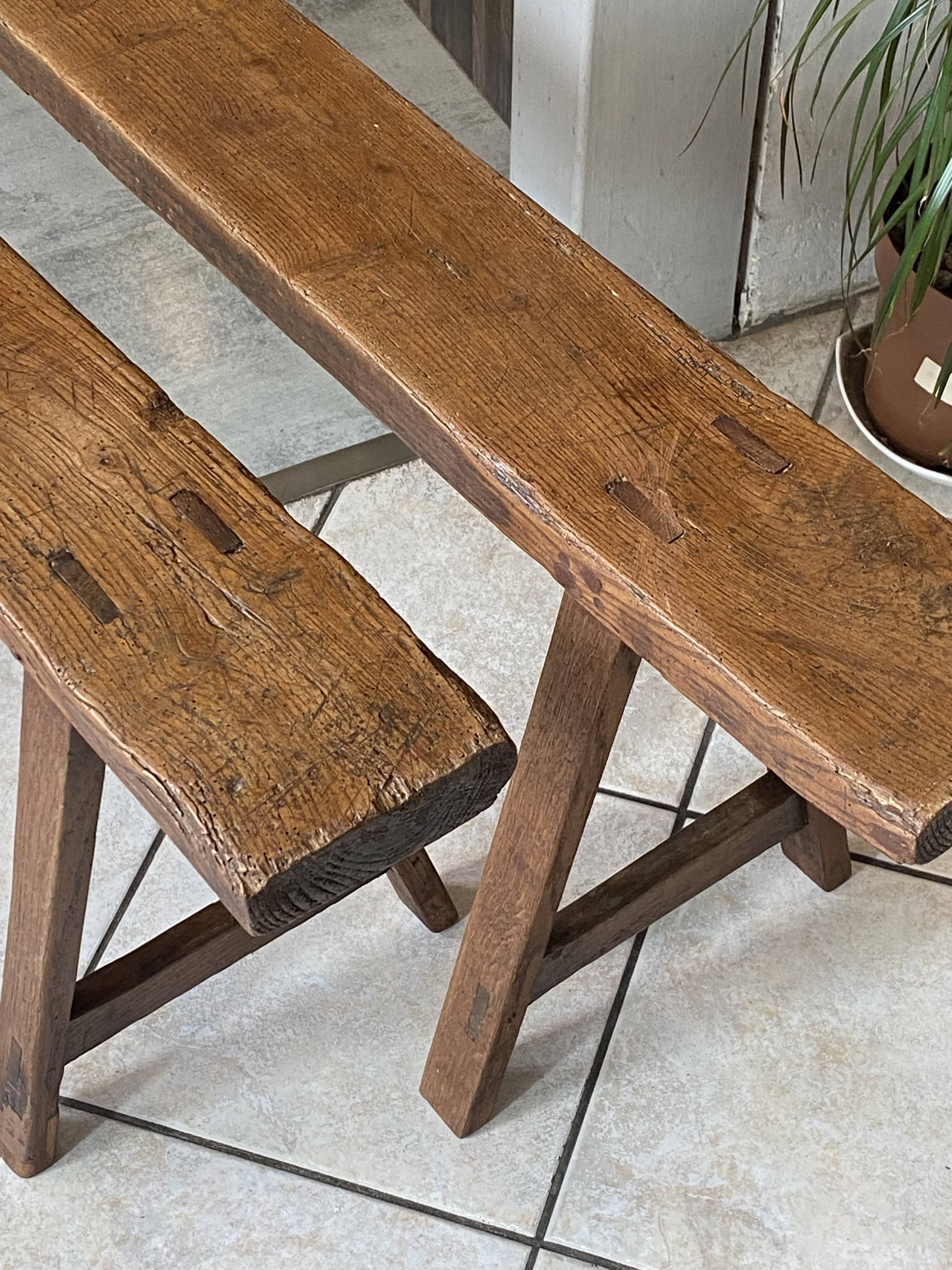 Pair of solid oak farmhouse benches 214cm for rustic table 1950
