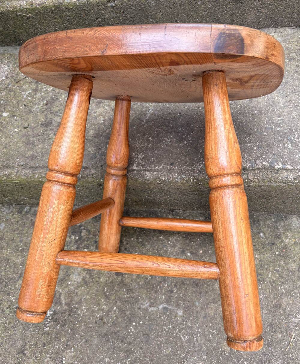 Vintage Rustic Pine Stool with Turned Legs, Chalet Style